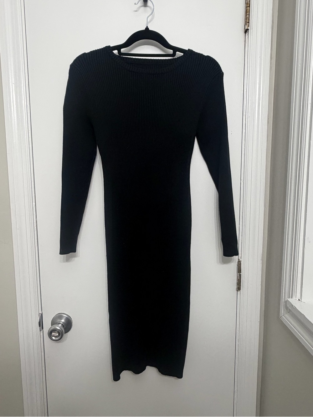 Black Ribbed Long Sleeve Midi Dress